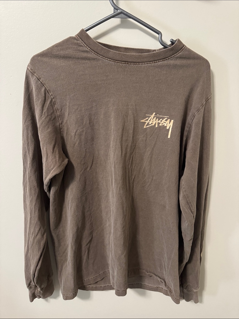 Stussy Long Sleeve Crew Tee — Brown with Cream Logo